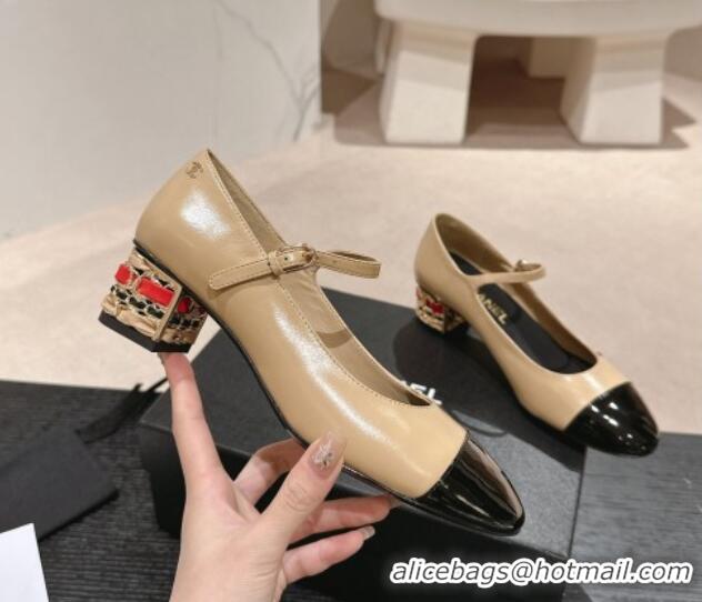 Sophisticated Chanel Shiny Calfskin Mary Janes Pumps 4.5cm with Colored Heel Beige 424071