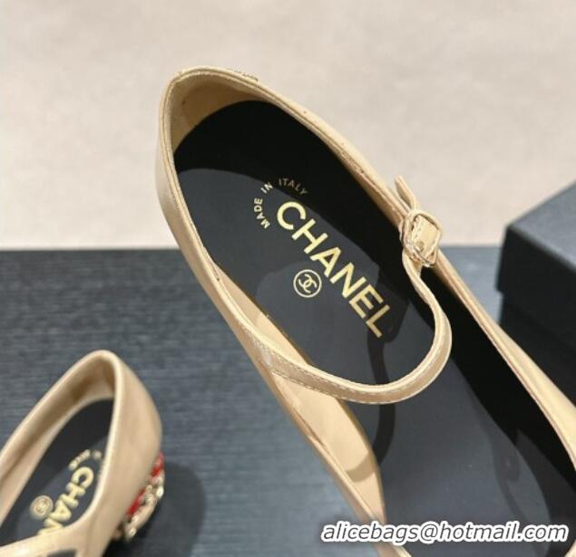 Sophisticated Chanel Shiny Calfskin Mary Janes Pumps 4.5cm with Colored Heel Beige 424071