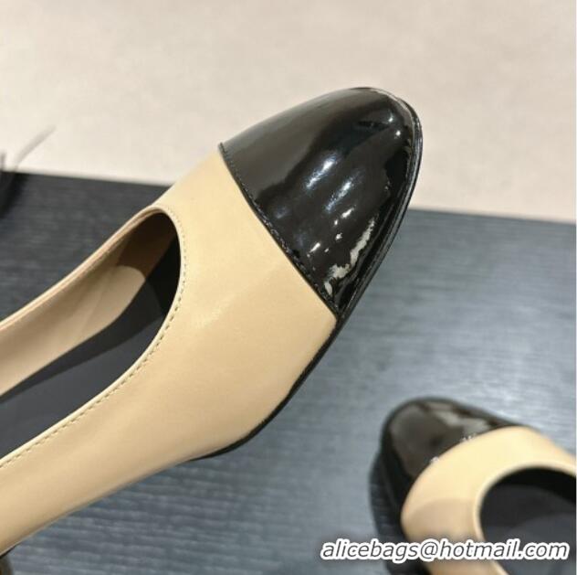 Sophisticated Chanel Shiny Calfskin Mary Janes Pumps 4.5cm with Colored Heel Beige 424071