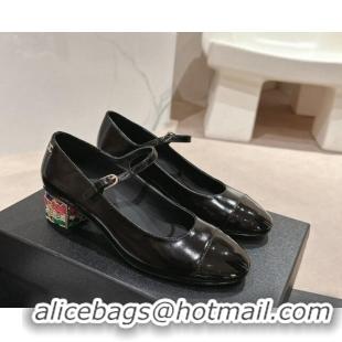 Top Grade Chanel Shiny Calfskin Mary Janes Pumps 4.5cm with Colored Heel Black 424072