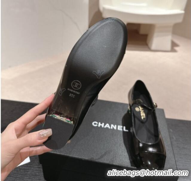 Top Grade Chanel Shiny Calfskin Mary Janes Pumps 4.5cm with Colored Heel Black 424072