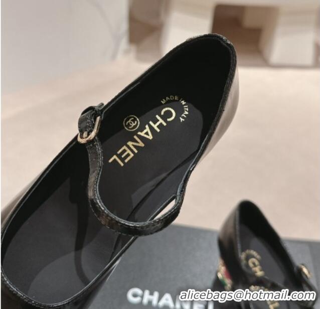 Top Grade Chanel Shiny Calfskin Mary Janes Pumps 4.5cm with Colored Heel Black 424072