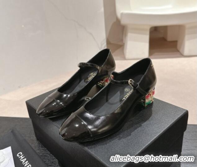 Top Grade Chanel Shiny Calfskin Mary Janes Pumps 4.5cm with Colored Heel Black 424072