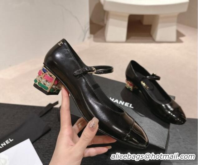 Top Grade Chanel Shiny Calfskin Mary Janes Pumps 4.5cm with Colored Heel Black 424072