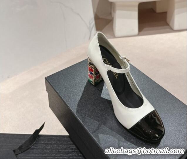 Good Looking Chanel Shiny Calfskin Mary Janes Pumps 8.5cm with Colored Heel White 0424073