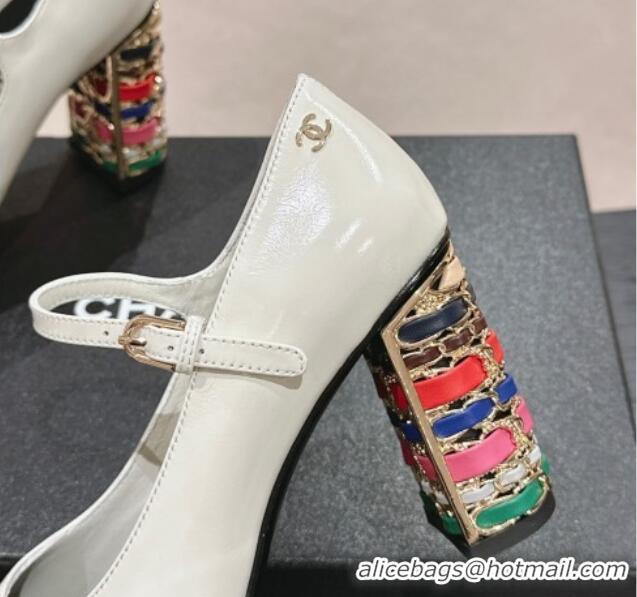 Good Looking Chanel Shiny Calfskin Mary Janes Pumps 8.5cm with Colored Heel White 0424073