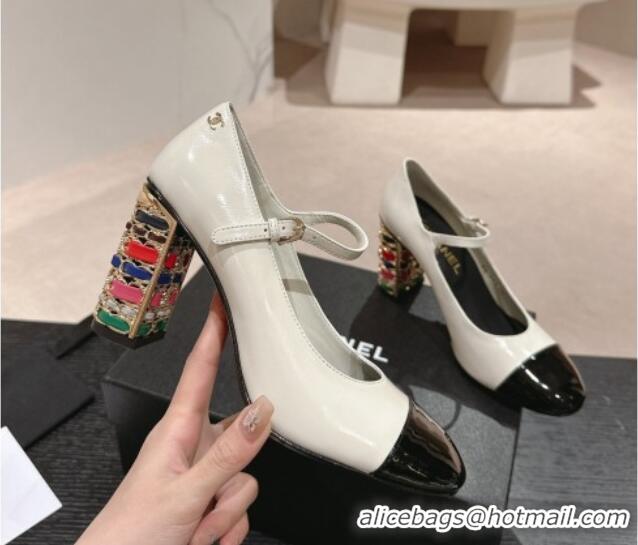 Good Looking Chanel Shiny Calfskin Mary Janes Pumps 8.5cm with Colored Heel White 0424073