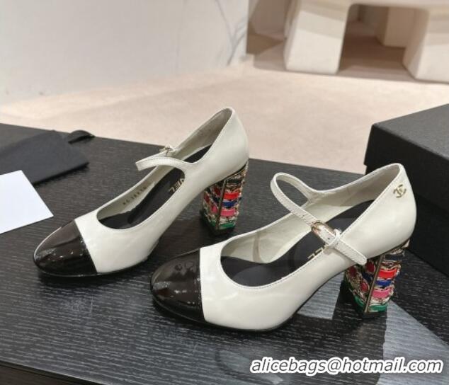 Good Looking Chanel Shiny Calfskin Mary Janes Pumps 8.5cm with Colored Heel White 0424073