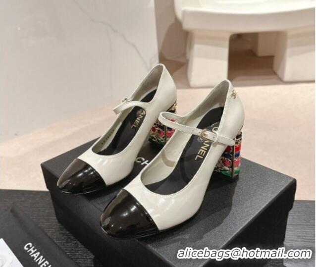 Good Looking Chanel Shiny Calfskin Mary Janes Pumps 8.5cm with Colored Heel White 0424073