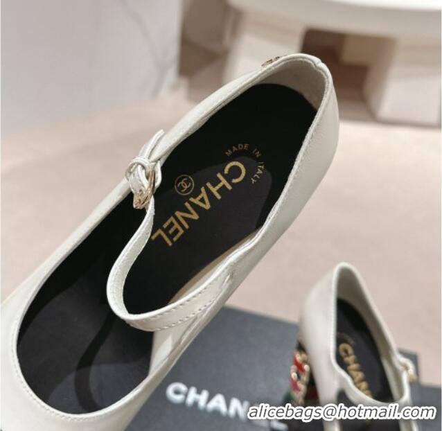 Good Looking Chanel Shiny Calfskin Mary Janes Pumps 8.5cm with Colored Heel White 0424073