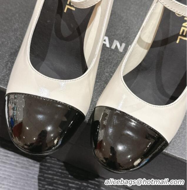 Good Looking Chanel Shiny Calfskin Mary Janes Pumps 8.5cm with Colored Heel White 0424073