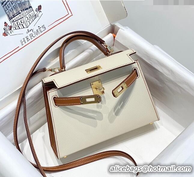 Top Design Hermes Mini Kelly II Bag 19cm in Epsom Leather H19 Cream White/Brown 2023 (Half Handmade)