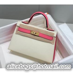 New Design Hermes Mini Kelly II Bag 19cm in Epsom Leather H19 Cream White/Rose Lipstick Pink 2023 (Half Handmade)