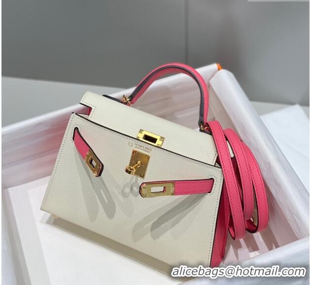 New Design Hermes Mini Kelly II Bag 19cm in Epsom Leather H19 Cream White/Rose Lipstick Pink 2023 (Half Handmade)