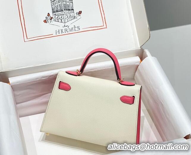 New Design Hermes Mini Kelly II Bag 19cm in Epsom Leather H19 Cream White/Rose Lipstick Pink 2023 (Half Handmade)