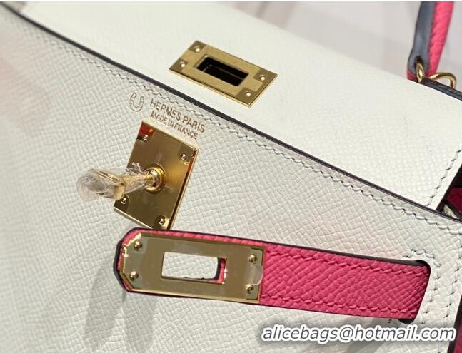 New Design Hermes Mini Kelly II Bag 19cm in Epsom Leather H19 Cream White/Rose Lipstick Pink 2023 (Half Handmade)