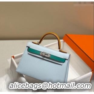 Free Shipping Hermes Mini Kelly II Bag 19cm in Epsom Leather H19 Dusty Blue/Bamboo Green/Brown 2023 (Half Handmade)