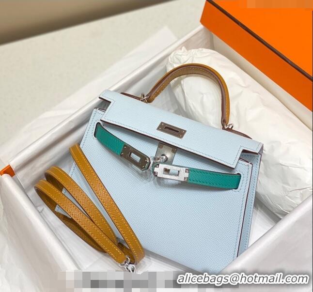 Free Shipping Hermes Mini Kelly II Bag 19cm in Epsom Leather H19 Dusty Blue/Bamboo Green/Brown 2023 (Half Handmade)