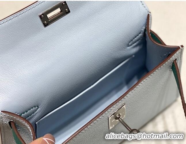 Free Shipping Hermes Mini Kelly II Bag 19cm in Epsom Leather H19 Dusty Blue/Bamboo Green/Brown 2023 (Half Handmade)