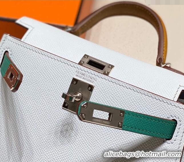 Free Shipping Hermes Mini Kelly II Bag 19cm in Epsom Leather H19 Dusty Blue/Bamboo Green/Brown 2023 (Half Handmade)