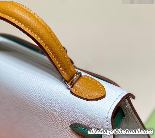 Free Shipping Hermes Mini Kelly II Bag 19cm in Epsom Leather H19 Dusty Blue/Bamboo Green/Brown 2023 (Half Handmade)