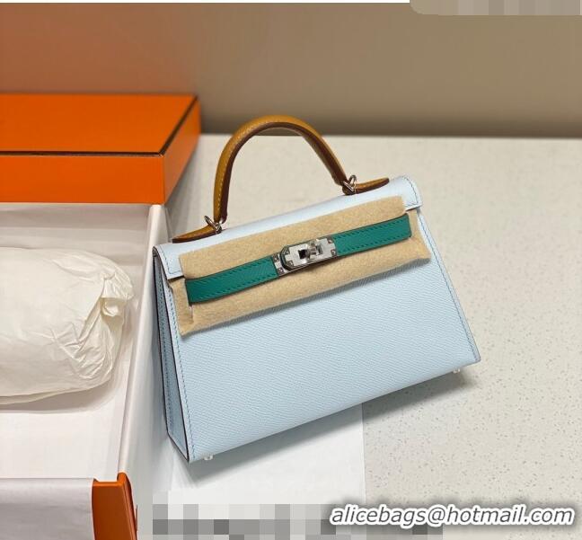 Free Shipping Hermes Mini Kelly II Bag 19cm in Epsom Leather H19 Dusty Blue/Bamboo Green/Brown 2023 (Half Handmade)