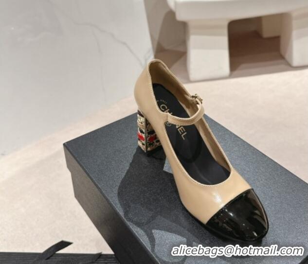 Sumptuous Chanel Shiny Calfskin Mary Janes Pumps 8.5cm with Colored Heel Beige 424074