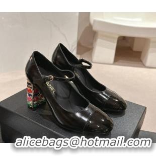 Best Grade Chanel Shiny Calfskin Mary Janes Pumps 8.5cm with Colored Heel Black 424075