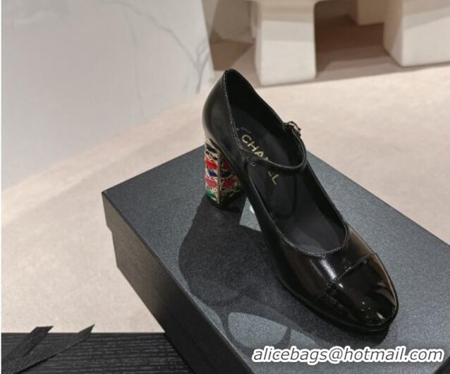 Best Grade Chanel Shiny Calfskin Mary Janes Pumps 8.5cm with Colored Heel Black 424075