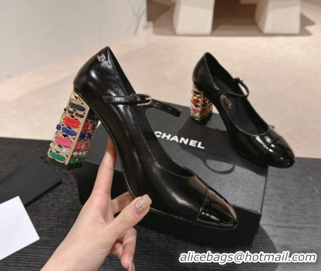 Best Grade Chanel Shiny Calfskin Mary Janes Pumps 8.5cm with Colored Heel Black 424075