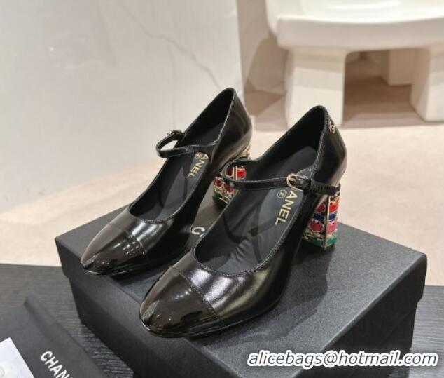 Best Grade Chanel Shiny Calfskin Mary Janes Pumps 8.5cm with Colored Heel Black 424075