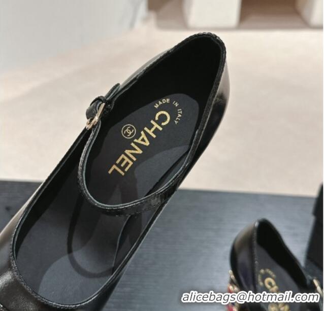 Best Grade Chanel Shiny Calfskin Mary Janes Pumps 8.5cm with Colored Heel Black 424075