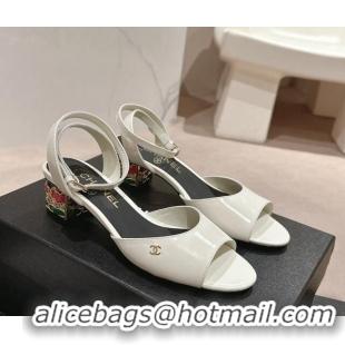 Sophisticated Chanel Shiny Calfskin Strap Sandals 4.5cm with Colored Heel White 424076