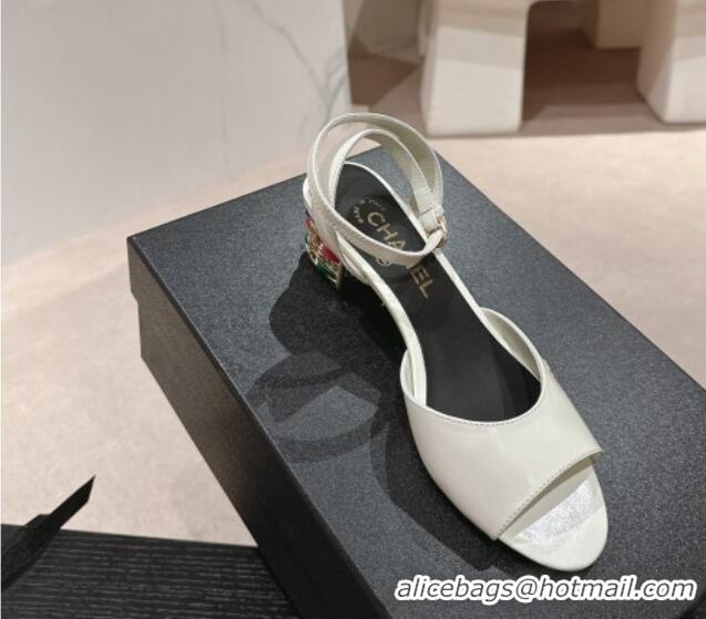 Sophisticated Chanel Shiny Calfskin Strap Sandals 4.5cm with Colored Heel White 424076