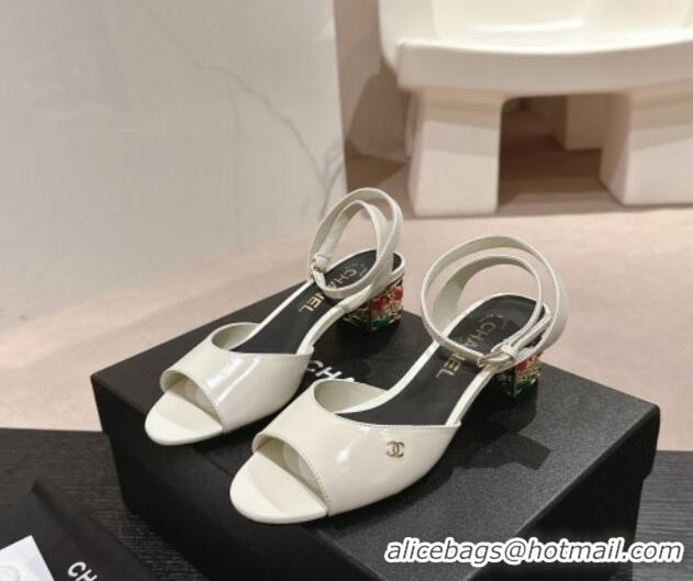 Sophisticated Chanel Shiny Calfskin Strap Sandals 4.5cm with Colored Heel White 424076