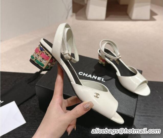 Sophisticated Chanel Shiny Calfskin Strap Sandals 4.5cm with Colored Heel White 424076