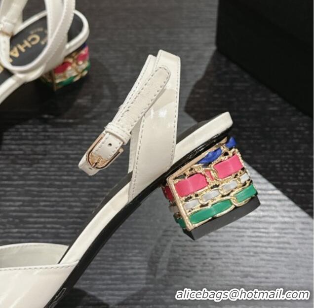 Sophisticated Chanel Shiny Calfskin Strap Sandals 4.5cm with Colored Heel White 424076