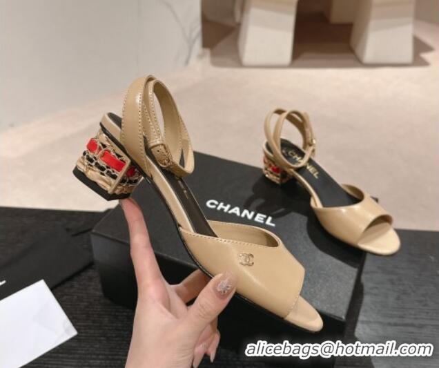 Top Grade Chanel Shiny Calfskin Strap Sandals 4.5cm with Colored Heel Beige 424077