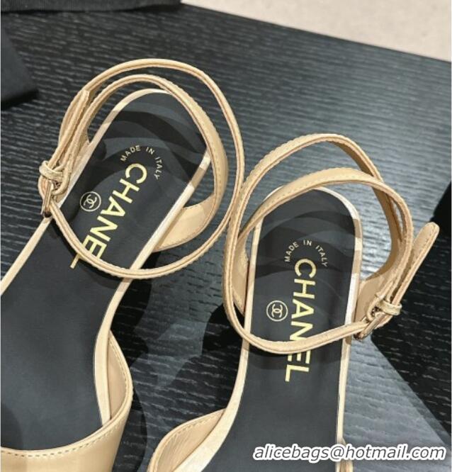 Top Grade Chanel Shiny Calfskin Strap Sandals 4.5cm with Colored Heel Beige 424077