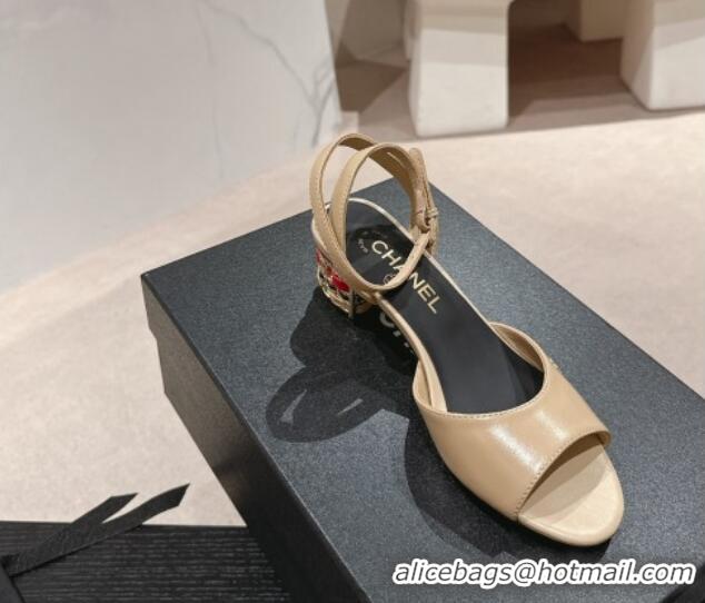 Top Grade Chanel Shiny Calfskin Strap Sandals 4.5cm with Colored Heel Beige 424077