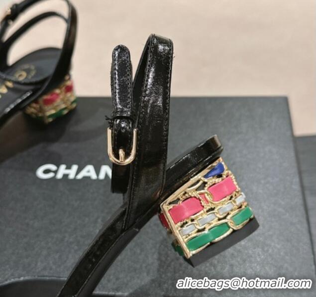 Stylish Chanel Shiny Calfskin Strap Sandals 4.5cm with Colored Heel Black 424078