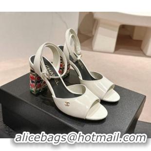 Low Price Chanel Shiny Calfskin Strap Sandals 8.5cm with Colored Heel White 0424079