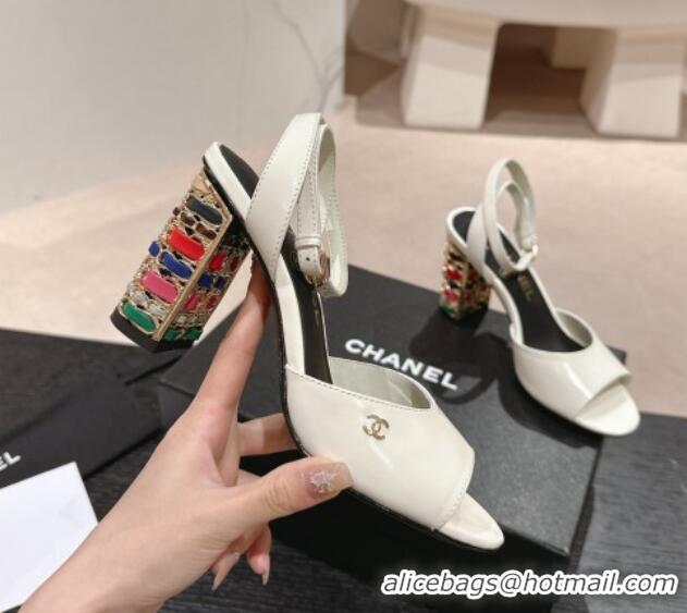 Low Price Chanel Shiny Calfskin Strap Sandals 8.5cm with Colored Heel White 0424079