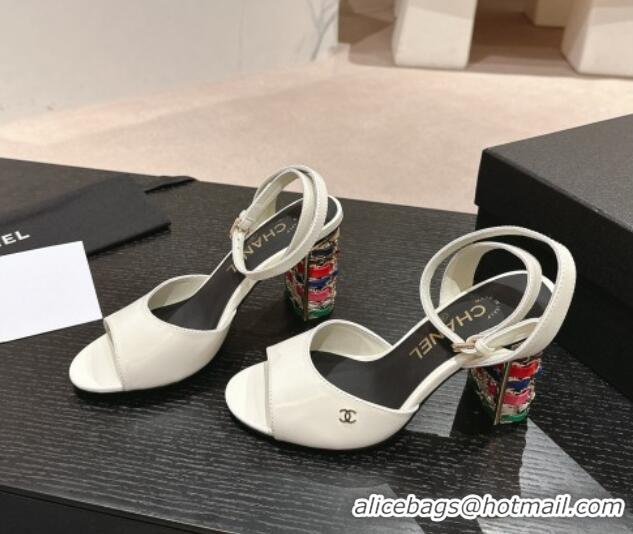 Low Price Chanel Shiny Calfskin Strap Sandals 8.5cm with Colored Heel White 0424079