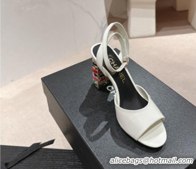 Low Price Chanel Shiny Calfskin Strap Sandals 8.5cm with Colored Heel White 0424079