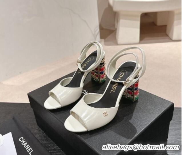 Low Price Chanel Shiny Calfskin Strap Sandals 8.5cm with Colored Heel White 0424079