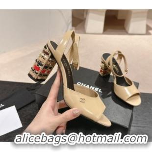 Durable Chanel Shiny Calfskin Strap Sandals 8.5cm with Colored Heel Beige 424080