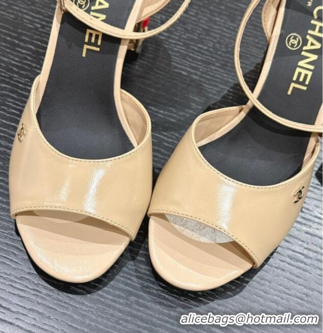 Durable Chanel Shiny Calfskin Strap Sandals 8.5cm with Colored Heel Beige 424080