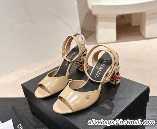 Durable Chanel Shiny Calfskin Strap Sandals 8.5cm with Colored Heel Beige 424080