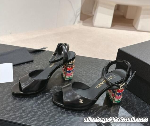 Classic Hot Chanel Shiny Calfskin Strap Sandals 8.5cm with Colored Heel Black 424081